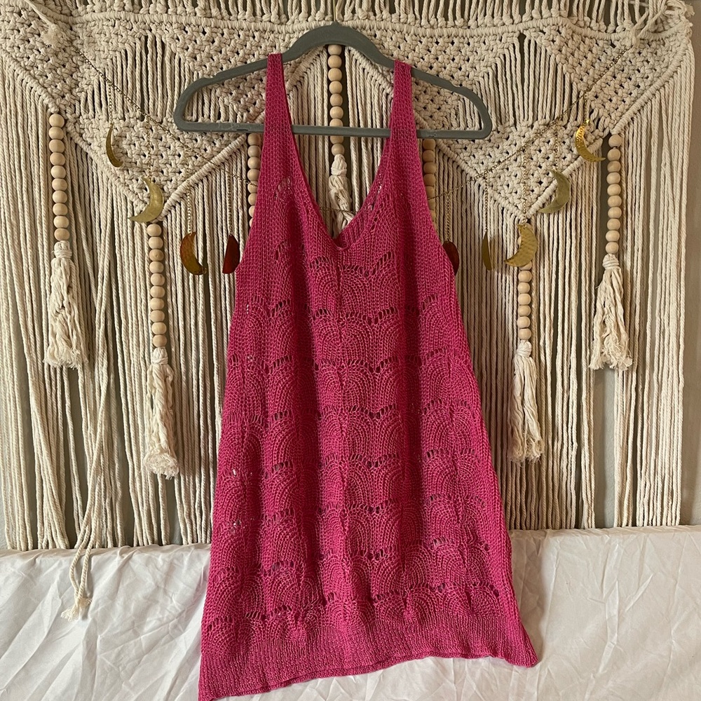 Summery Pink crochet swim cover up. NWOT Never worn